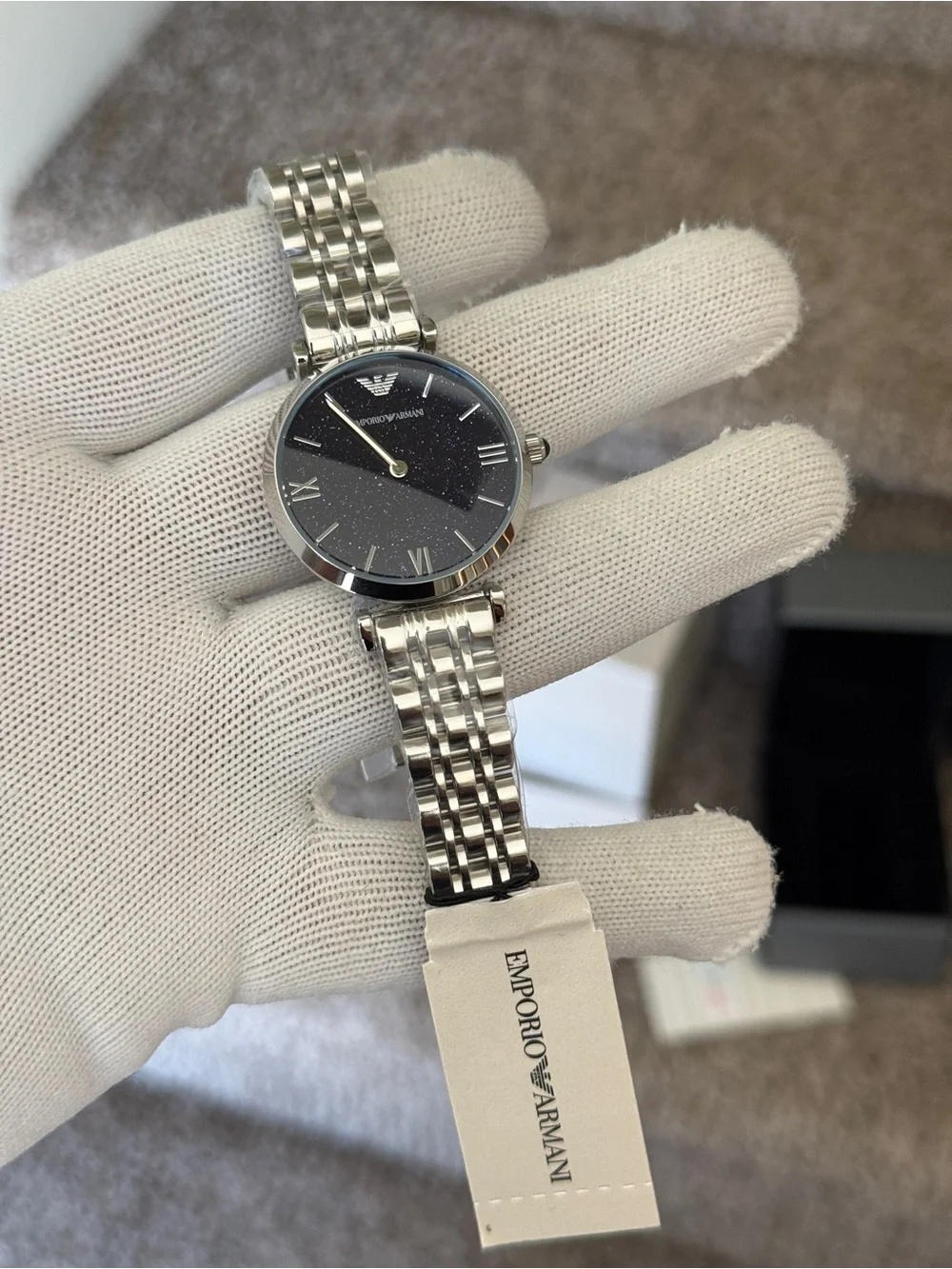 Emporio Armani women’s Silver Bracelet Watch with Sparkling Navy Dial
